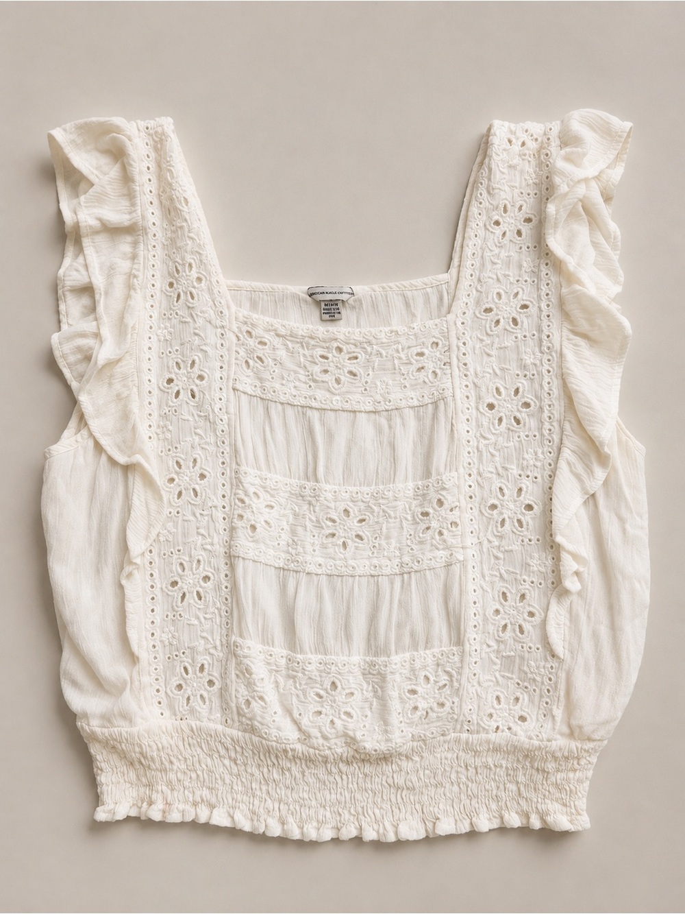 American Eagle Outfitters Cream Eyelet Ruffle Square-Neck Tank